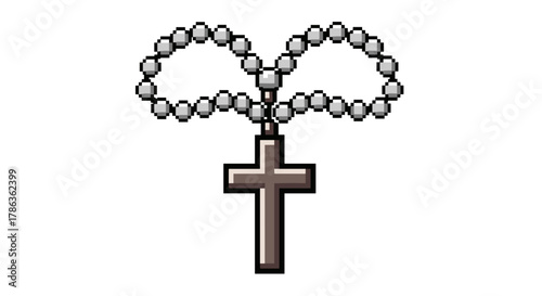 Pixel Art Rosary Beads and Cross Symbolizing Faith Spirituality and Prayer Isolated on Transparent Background