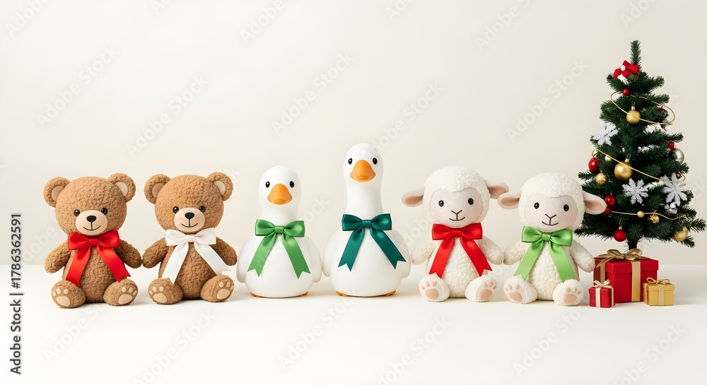 Fototapeta premium Stuffed animal toys with christmas tree and gifts on white backdrop