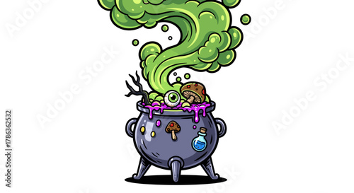 Spooky Halloween Witch Cauldron Brewing Toxic Potion Isolated on Transparent Background