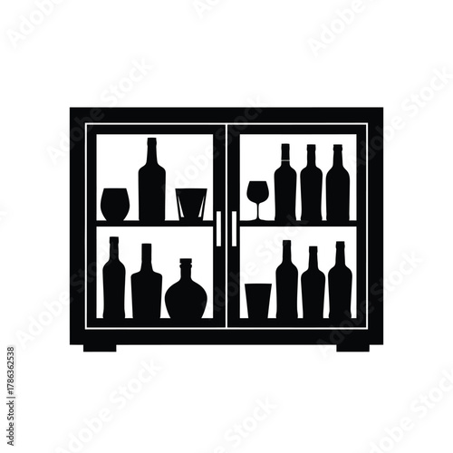 Black silhouette of a bar cabinet with bottles and glasses