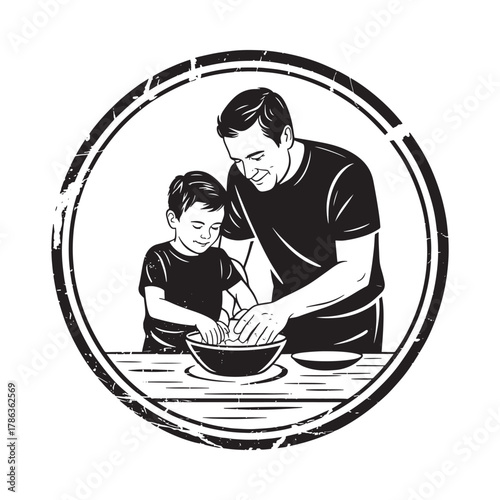 Father and son cooking together in a rustic emblem