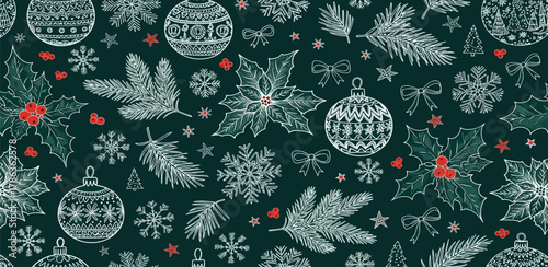 Elegant hand-drawn seamless Christmas pattern featuring festive ornaments, holly branches, winter snowflakes, and fir trees on a deep green background, perfect for holiday greetings and seasonal decor