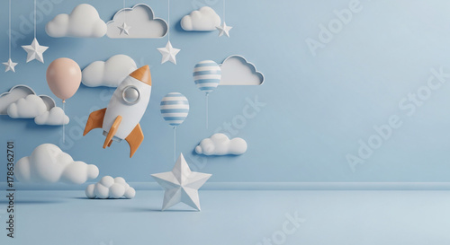 Dreamy Pastel Blue Background with Whimsical Clouds Stars  Balloons