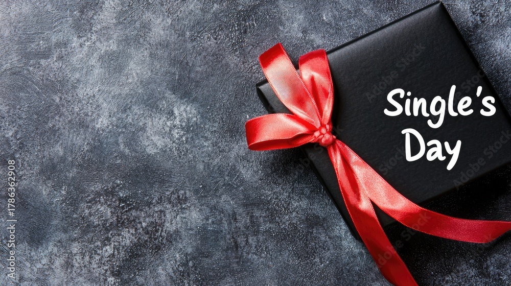 Fototapeta premium Black gift box with a red ribbon sits on a dark textured surface, celebrating Single's Day with festive spirit and excitement