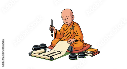 Young Buddhist monk writing ancient calligraphy with ink pots isolated on transparent background