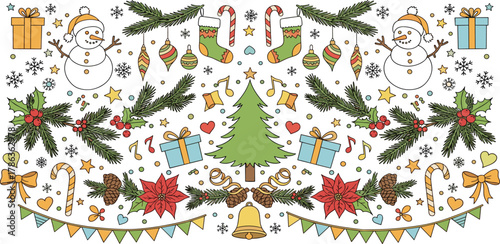 Festive Christmas Border with Snowmen, Trees, Gifts, and Ornaments for Holiday Decorations