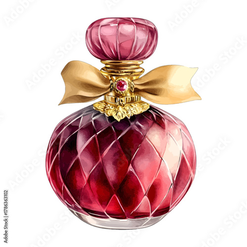 Watercolor Red Jeweled Faceted Perfume Bottle with Gold Bow Vector Clipart
