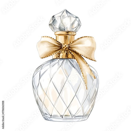 Watercolor Faceted Glass Perfume Bottle with Gold Ribbon Bow Vector Clipart
