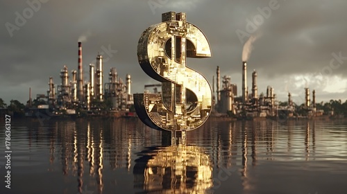 Golden dollar sign standing in water with oil refinery and industrial factories in the background, representing the complex relationship between finance, industry, economy, and environmental impact