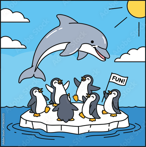 Playful Dolphin and Penguins on Ice Floe with "FUN!" Flag - Cute Cartoon Antarctic Scene