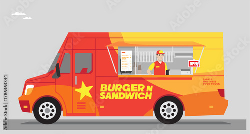 Vibrant red and orange Food Truck Serving Burgers and Sandwiches