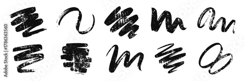 Abstract doodle style Ink, pencil pen, paint, crayon brush strokes. Grunge texture set. Different shapes, curly chaotic spiral strokes. Vector illustration.