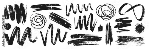 Abstract doodle style Ink, pencil pen, paint, crayon brush strokes. Grunge texture set. Different shapes, curly chaotic spiral strokes. Vector illustration.