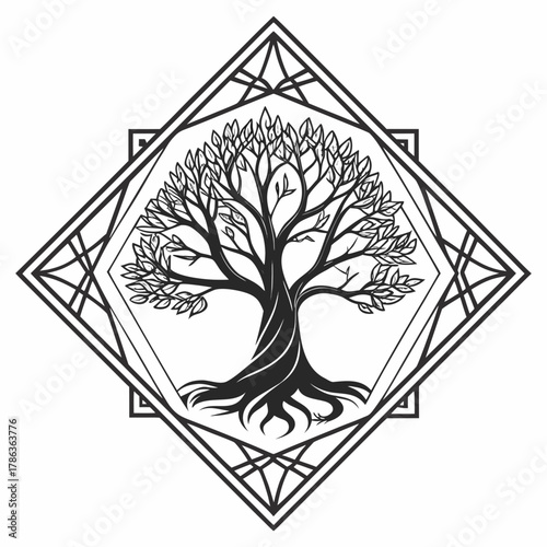 Ornate Geometric Frame Surrounding a Detailed Tree of Life Illustration emblem symbol
