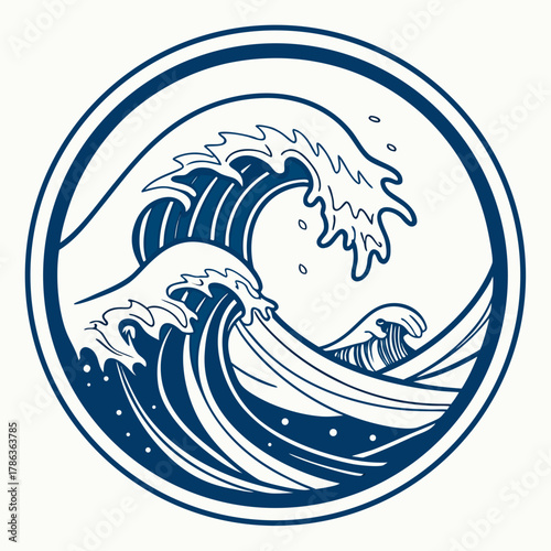 Stylized Blue Wave Illustration in a Circular Frame ocean water