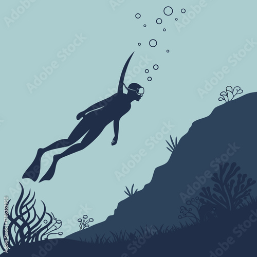 Scuba Diver Exploring Underwater Reef with Bubbles diving ocean