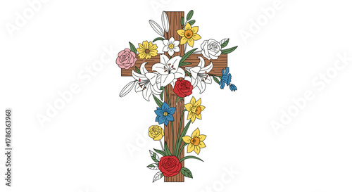 Beautifully Decorated Wooden Cross with Vibrant Spring Flowers Symbolic of Resurrection and Hope Isolated on Transparent Background