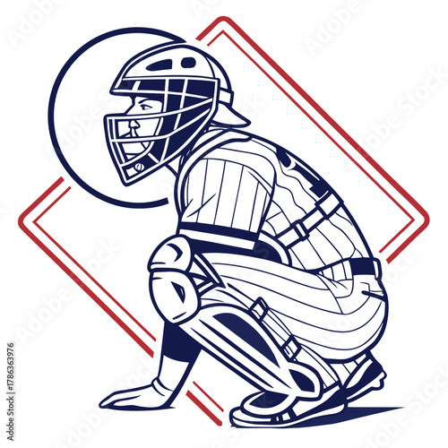 Baseball Catcher in Squatting Position with Protective Gear baseball player athlete