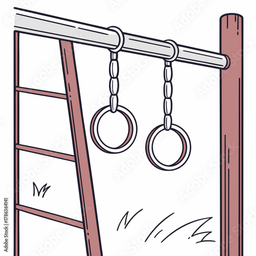 Gymnastics Rings Hanging From A Bar With A Ladder Keywords: gymnastics, rings, bar, ladder