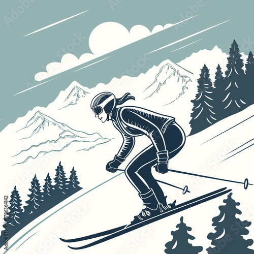 Woman Skiing Down a Snowy Mountain Slope Surrounded by Pines Keywords: skiing, woman skier