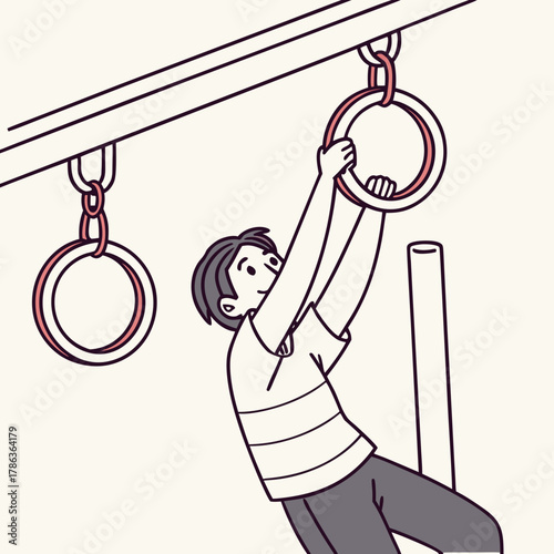 Person Hanging From Gymnastic Rings On A Bar Keywords: person, hanging, gymnastic rings, bar