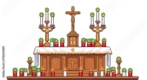 Sacred Altar with Illuminated Candles and Crucifixion Symbol for Devotional Worship and Spiritual Reflection Isolated on Transparent Background