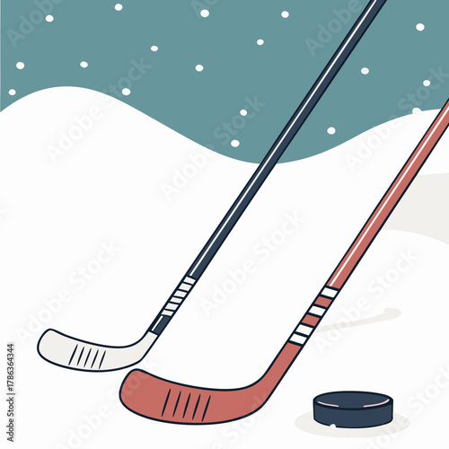 Two Hockey Sticks and Puck on Snowy Background with Falling Snow ice hockey