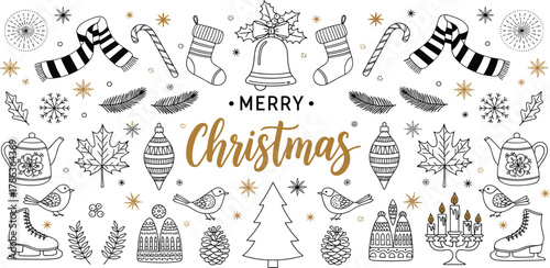 Festive Christmas Banner A Whimsical Holiday Illustration with Ornaments and Symbols