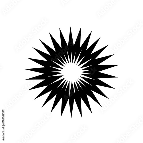 A black spiky circular shape with a hollow center radiating outwards on a white background design element