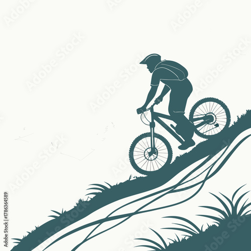 Cyclist riding downhill on a grassy slope with stylized lines cycling mountain bike
