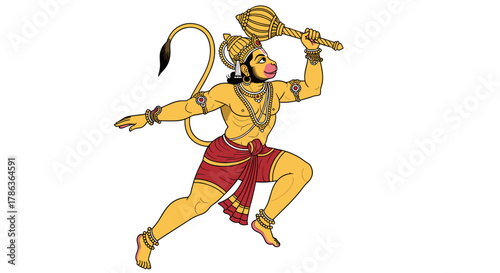 Powerful Hanuman leaping with mace warrior god symbol of strength devotion isolated on transparent background