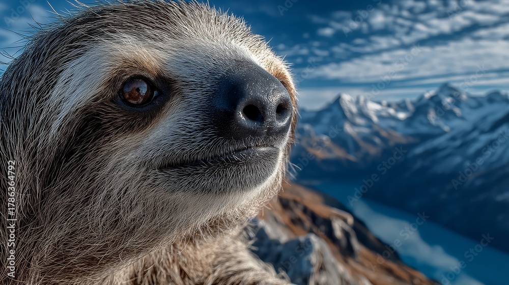 Fototapeta premium sloth smile at the top of snow mountain, happy winter day