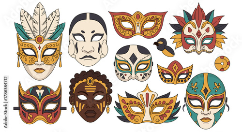 Vibrant Collection of Festive Masquerade Masks with Elaborate Designs and Cultural Influences Isolated on Transparent Background
