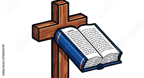 Open Holy Bible on Wooden Christian Cross Symbolizing Faith Religion and Spirituality Isolated on Transparent Background