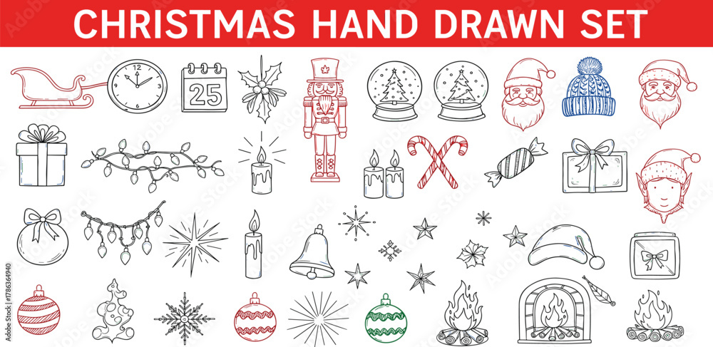 Naklejka premium Christmas hand-drawn illustrations featuring festive elements and holiday symbols for seasonal design projects