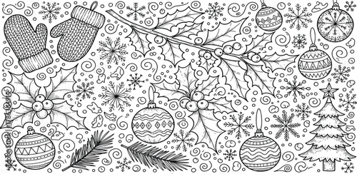 Detailed Christmas Ornament and Mitten Line Art Composition