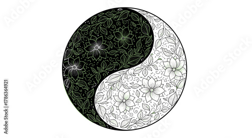 Elegant Yin Yang Symbol with Floral Yin and Leafy Yang on Green Background
