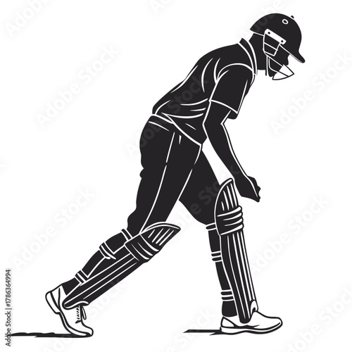 Silhouette Of A Cricket Player In Full Protective Gear Keywords: cricket, player, batsman