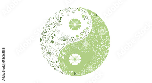 Beautiful Yin Yang Symbol with Floral Vines and Leaves Isolated on Transparent Background for Harmony and Balance Concept