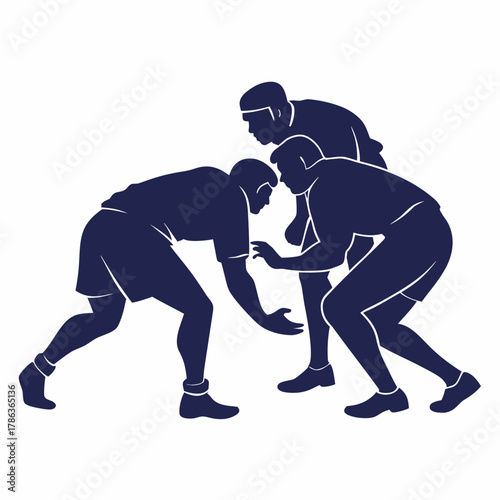 Silhouette of three wrestlers in a grappling stance wrestling sport