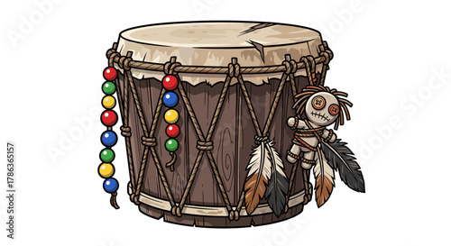 Tribal Djembe Drum with Voodoo Doll and Colorful Beads Isolated on Transparent Background for Cultural Music and Rituals