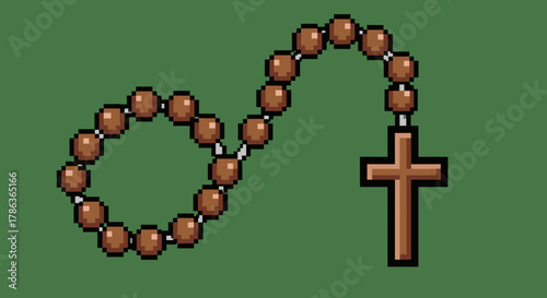 Close-up of a pixel art rosary with a wooden cross isolated on transparent background symbolizing prayer and faith