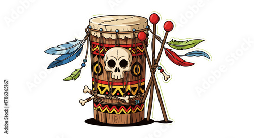 Tribal Drum with Skull and Feathers Musical Instrument for Rituals isolated on transparent background
