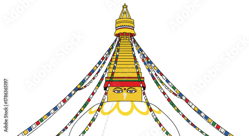 Sacred Buddhist Stupa Architecture with Prayer Flags Ascending Towards Enlightenment Isolated on Transparent Background