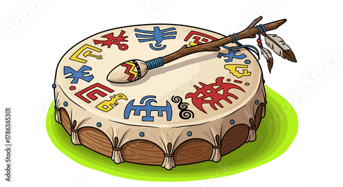 Sacred Native American Drum Decorated With Tribal Symbols Isolated On Transparent Background