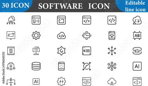 Software icon set isolated on white background, editable line icon style