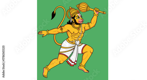 Energetic Hindu deity Hanuman in dynamic pose holding mace isolated on transparent background divine warrior depiction