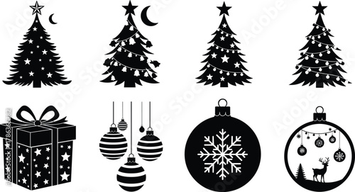 Elegant Black and White Christmas Elements Collection Featuring Decorated Holiday Trees, Gift Boxes, and Ornaments Perfect for Seasonal Graphic Design and Festive Celebrations