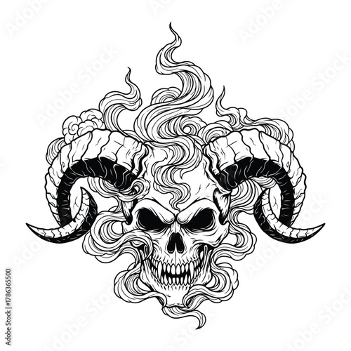 A detailed black and white drawing of a fearsome demon skull, complete with sharp horns and wisps of smoke emanating from its mouth, perfect for dark themes.