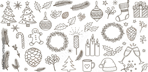 A delightful collection of hand-drawn Christmas and winter holiday doodle elements, perfect for festive graphic designs, seasonal decorations, greeting cards, and creative projects
